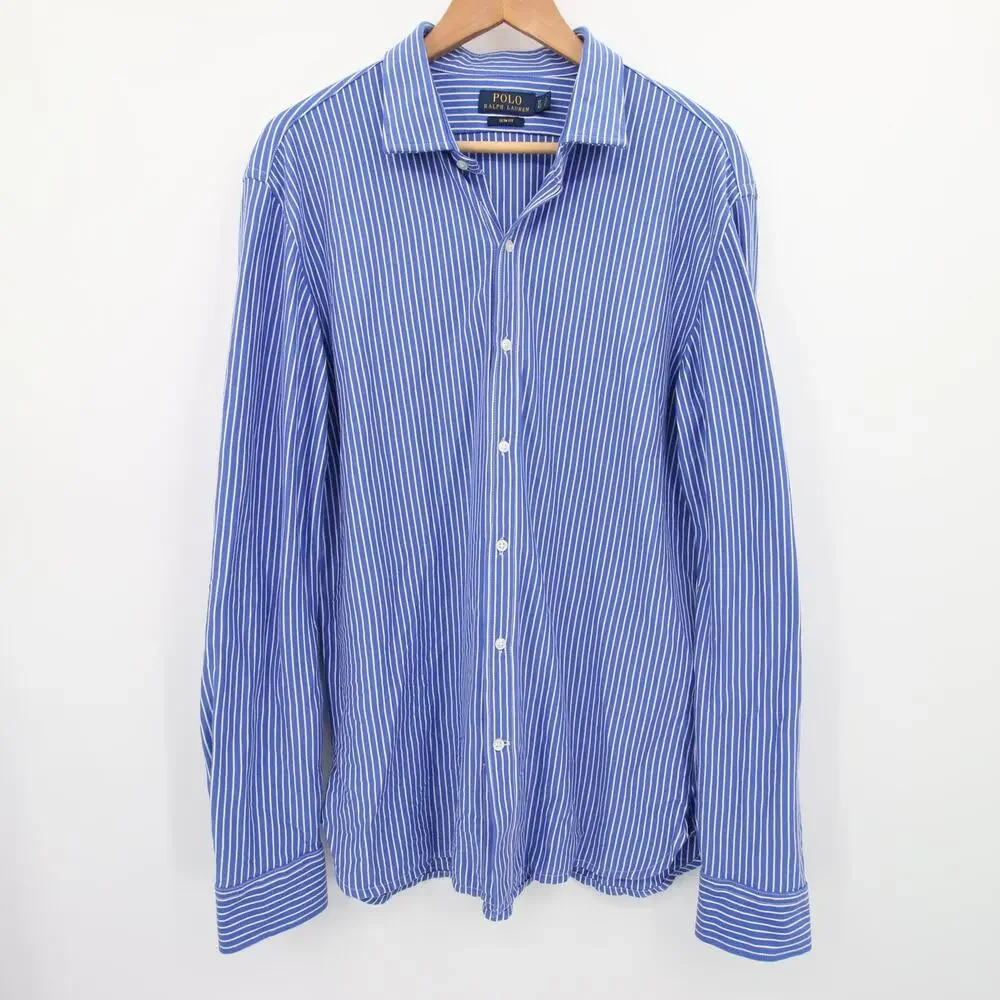 Polo Ralph Lauren Button Down Shirt Blue White Striped Long Sleeve Slim Fit 17 - Picture 1 of 10